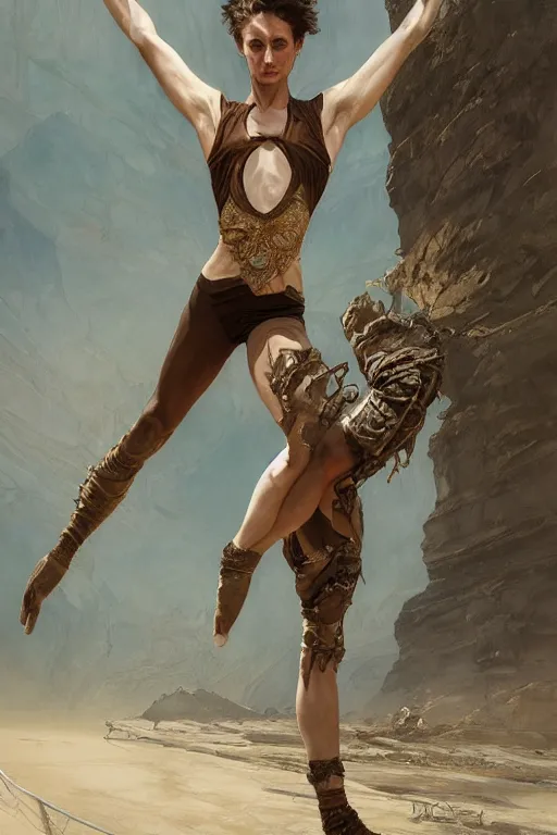 Image similar to a full body portrait of a beautiful post apocalyptic offworld desert gymnast leaping in ballet dance pose by the emerald oasis pools, intricate, elegant, highly detailed, digital painting, artstation, concept art, smooth, sharp focus, illustration, art by krenz cushart and artem demura and alphonse mucha