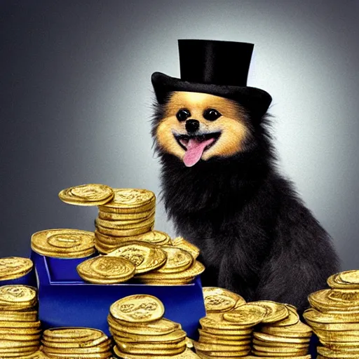 Image similar to A pomeranian wearing a top-hat and a monocle, sitting on top of a large pile of gold coins