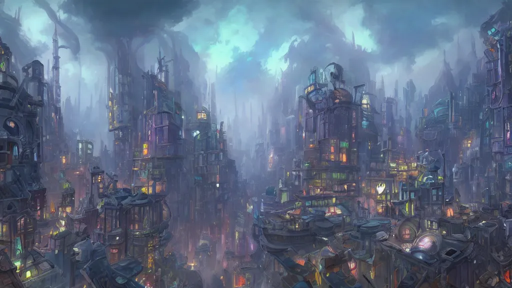 Prompt: A beautiful Arcane cityscape by Tyler Edlin, tall buildings, concept art, painting