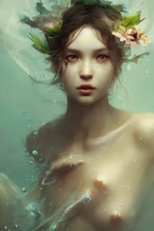 Image similar to face closeup a young beautiful girl nymph drowned in water, underwater photography,, 3 d render, hyper realistic detailed portrait, holding magic flowers, ruan jia, wlop. scifi, fantasy, hyper detailed, octane render, concept art, by peter mohrbacher, by wlop, by ruan jia