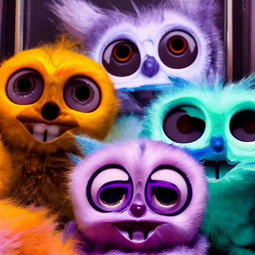 Image similar to Found footage of a room full of furbies staring at the camera. Some of them lack fur and are malfunctioning