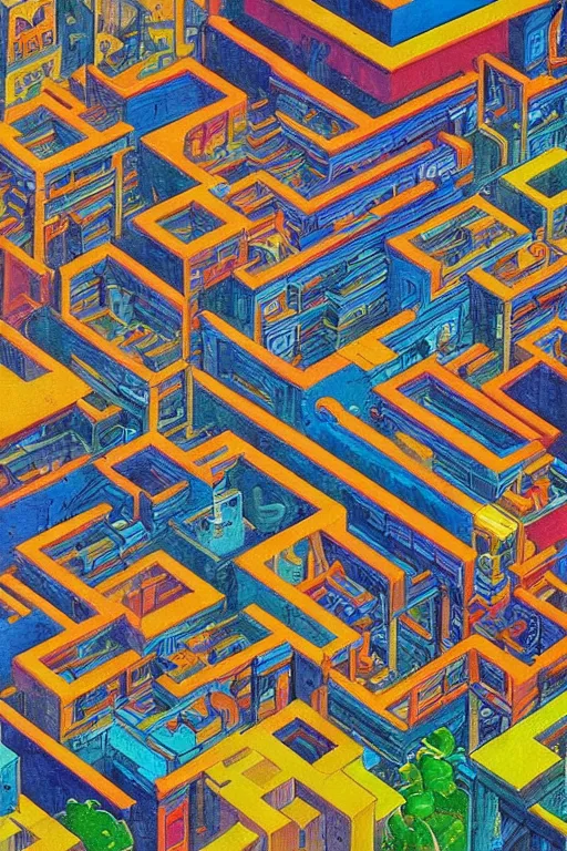Prompt: A beautiful painting of Multistorey architectures seen from above by MC Escher,colorful