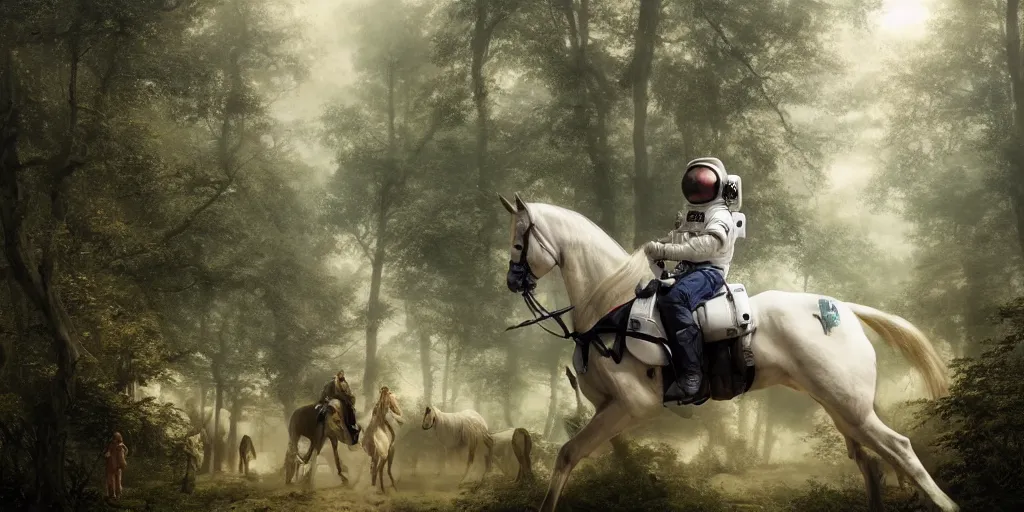 Image similar to an astronaut riding on the back of a white horse through a forest, a detailed matte painting by frieke janssens, featured on cgsociety, fantasy art, matte painting, reimagined by industrial light and magic, matte drawing