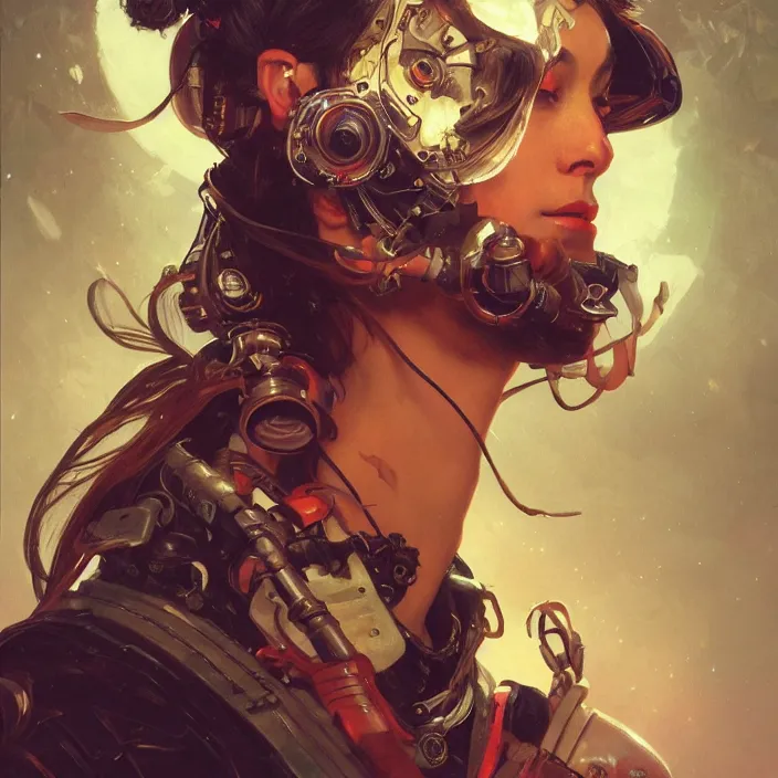 Image similar to a head and shoulders portrait of a space pirate, neon, retro, steampunk, smooth, sharp focus, intricate, artstation, detailed concept art by Caravaggio and Greg Rutkowski and Alphonse Mucha and Norman Rockwell