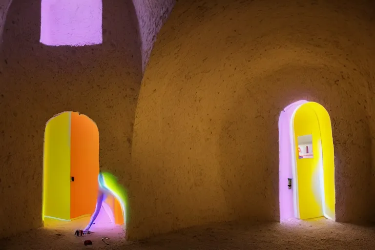 Image similar to A photograph of a woman standing in a snail-shaped interior space with her back to the camera， an arched door glowing white at the end, neon colors,F3.5,ISO640,18mm,1/60,Canon EOS 90D.