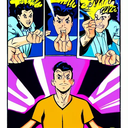 Image similar to a powerful psychic guy emitting psychic powers, in the style of archie comics (1963), artstation, HQ scan, ufotable studio art style