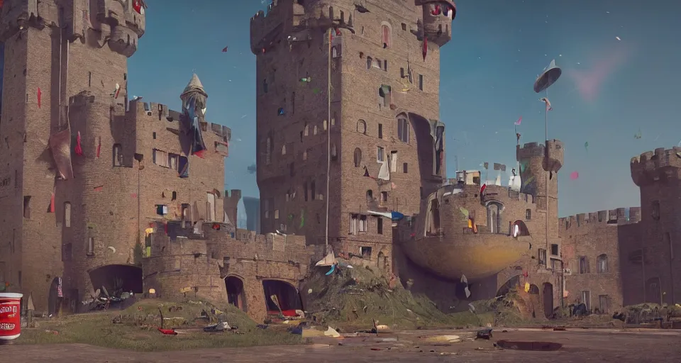 Prompt: A GIANT HUGE campbell soup can crashed right in the middle of a Medieval city, Soup can crashed into a castle rendered by Beeple, environment concept, digital art, unreal engine, 3 point perspective, trending on artstation, low level, 4K UHD image, octane render,