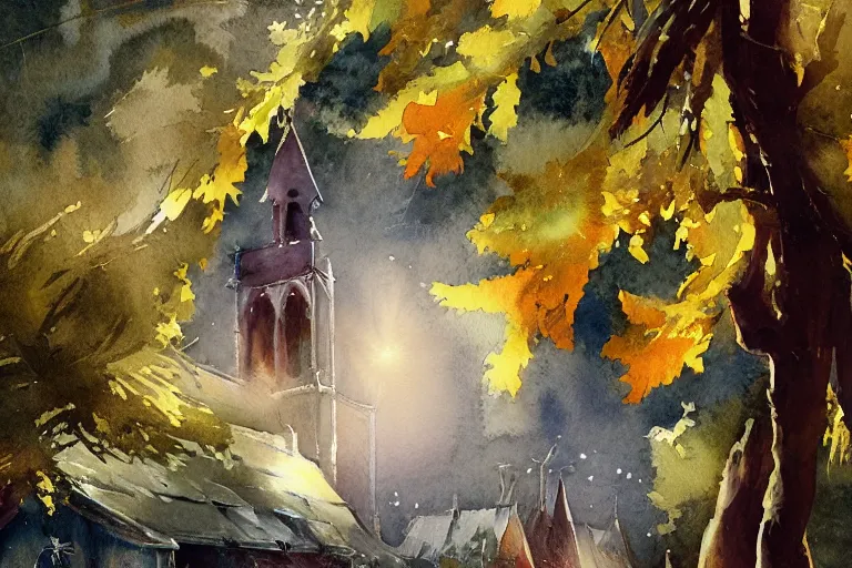 Prompt: small centered on watercolor paper, paint brush strokes, abstract watercolor painting of traditional wooden church tower, viking decor, translucent leaves, cinematic light, national romanticism by hans dahl, by jesper ejsing, by anders zorn, by greg rutkowski, by greg manchess, by tyler edlin