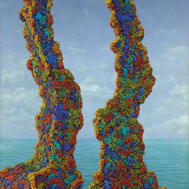 Prompt: A Monumental Public Sculpture of a 'Large Cyborg Mirror Portal made of Psychedelic Lichen ' on a pedestal by the Sea, surreal colorful oil painting by Rene Magritte and Max Ernst shocking detail hyperrealistic!! Cinematic lighting