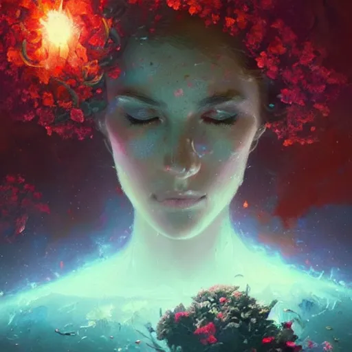 Prompt: flower supernova, intricate oil painting by greg rutkowski, trending on artstation