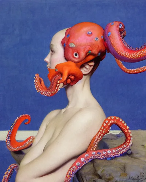 Image similar to a beautiful girl wearing a colourful octopus as a hat, painted by edgar maxence, edward hopper, wayne barlowe and james gilleard, airbrush, art by jamesjean