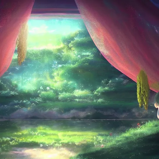 Image similar to a heavenly dream view from the interior of my cozy dream world filled with color from a Makoto Shinkai oil on canvas inspired pixiv dreamy scenery art majestic fantasy scenery fantasy pixiv scenery art inspired by magical fantasy exterior