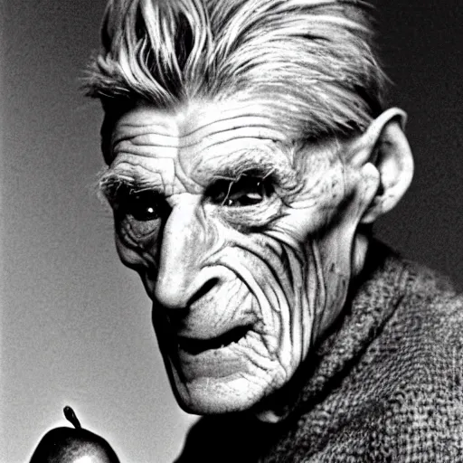 Image similar to samuel beckett's features on the face of a roast pig with an apple in its mouth