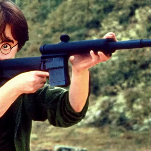 Prompt: harry potter aiming down the sights of an m 1 6 rifle, movie still frame