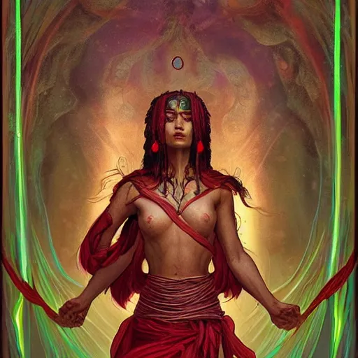 Image similar to a detailed tarot card of a shaman casting a spell, female, crimson colored, crackling green lightning, fantasy, d & d, intricate, elegant, highly detailed, digital painting, artstation, concept art, matte, sharp focus, illustration, in the style of magic the gathering, art by artgerm and greg rutkowski and alphonse mucha