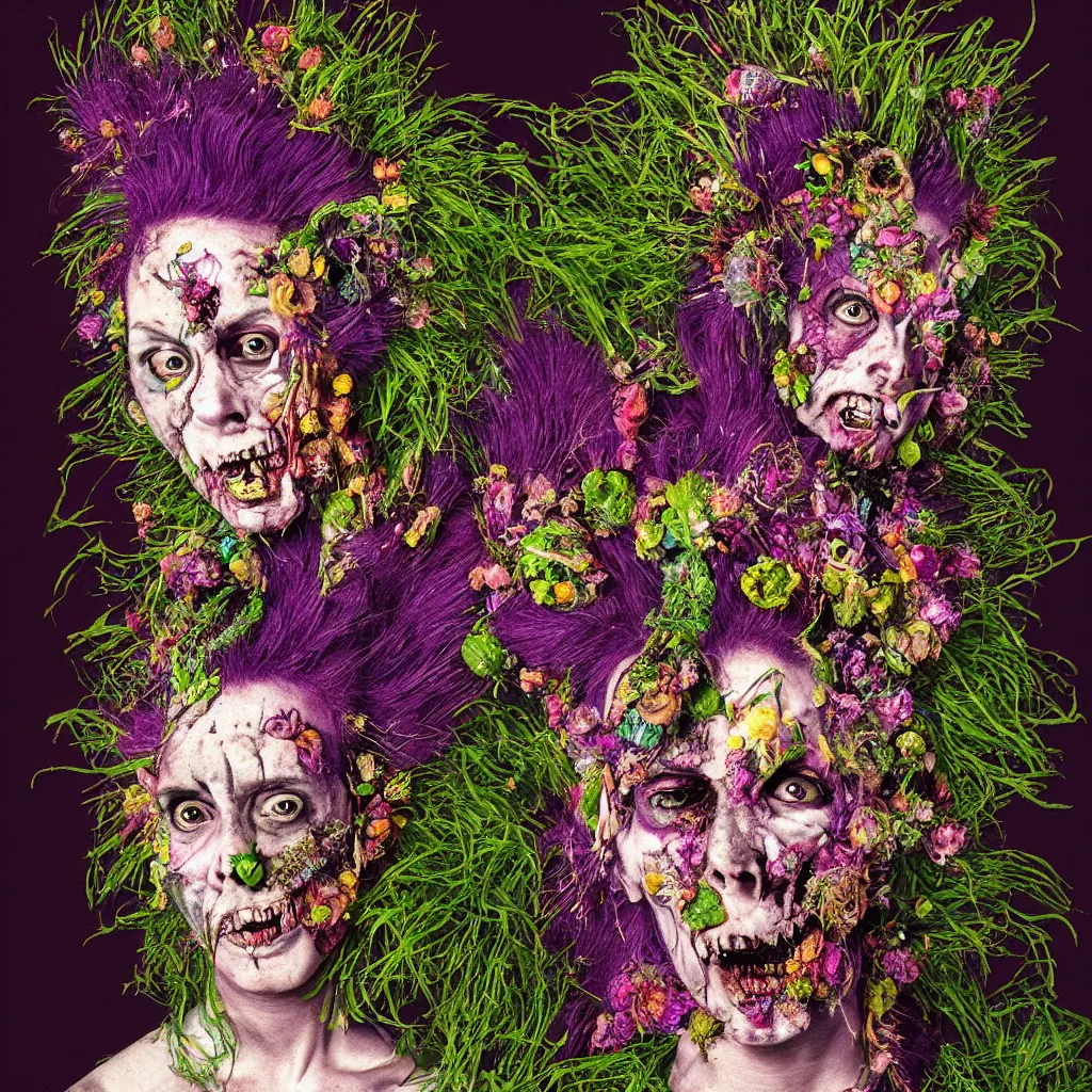 Prompt: a portrait of a punk rock zombie, full head and shoulders visible, purple mohawk, skin blossoming with crystals fruit and flowers, Baroque, art by Arcimboldo, art by Fragonard, expressionistic, neon green background