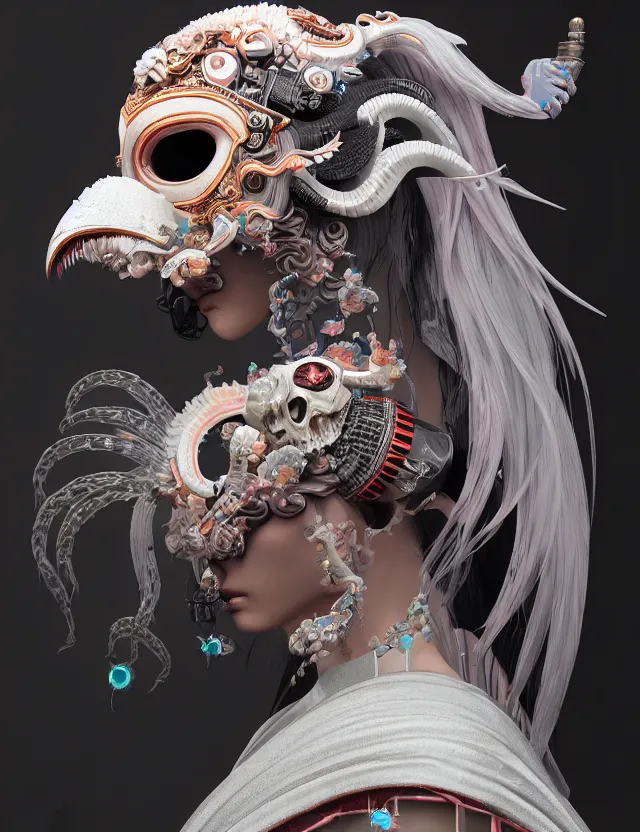 Image similar to 3 d goddess close - up profile portrait cyberpunk with ram skull. beautiful intricately detailed japanese crow kitsune mask and clasical japanese kimono. betta fish, jellyfish phoenix, bio luminescent, plasma, ice, water, wind, creature, artwork by tooth wu and wlop and beeple and greg rutkowski