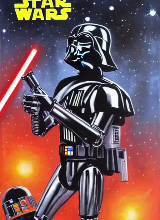 Image similar to 1 9 8 6 poster for star wars meets terminator. oil on canvas. print.