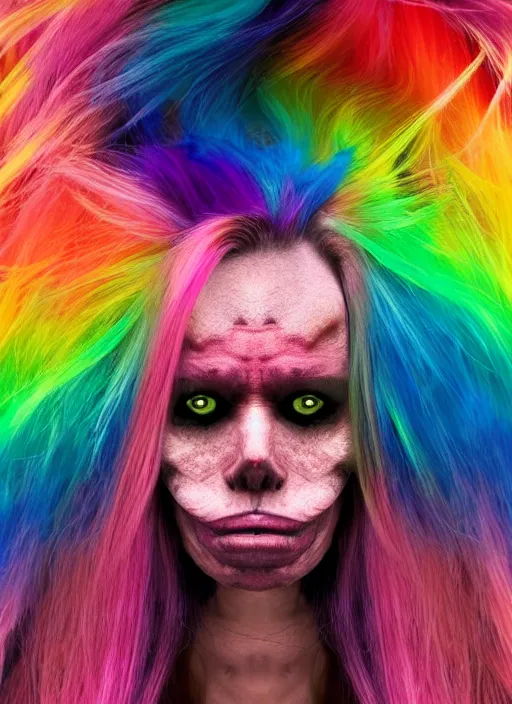 Prompt: a brutal terrifying and mysterious weird woman warped in horror with long rainbow - colored hair, her skin has gaps, spikes, and complex alien textures, terrifying and mysterious