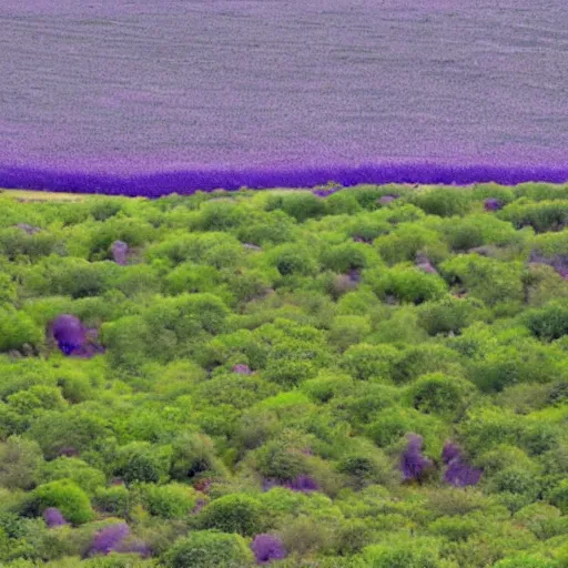 Prompt: landscape covered in purple mold, wide, from a distance