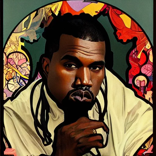 Image similar to surprised Kanye West, painting by Alphonse Mucha