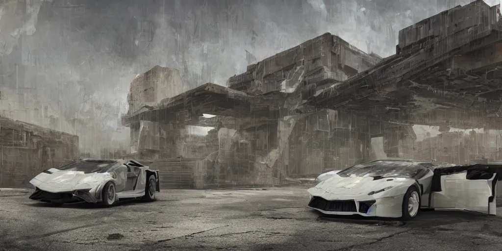 Image similar to black lego lamborghini in an abandoned city. brutalist architecture. soft light. cinematic. intricate. low angle close shot. highly detailed. matte painting in the style of thu berchs, sparth style, pascal blanche style, eddie mendoza style, ash thorp style. octane render. 8 k. trending on artstation