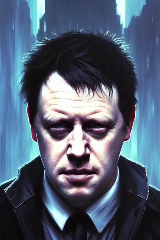 Image similar to Boris Johnson as Neo from The Matrix, portrait, highly detailed, digital painting, artstation, concept art, smooth, sharp focus, illustration, cinematic lighting, art by artgerm and greg rutkowski and alphonse mucha