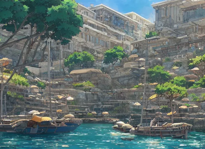 Prompt: An ancient greece harbor city, peaceful and serene, incredible perspective, soft lighting, anime scenery by Makoto Shinkai and studio ghibli, very detailed