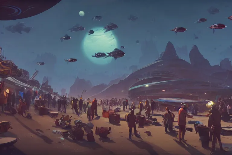 Image similar to crowded exoplanet fish market, big fishes on sale, ringed planet in the sky, dramatic lighting, artstation, matte painting, ralph mcquarrie, simon stalenhag