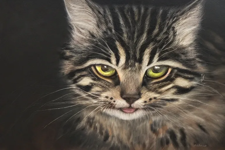 Prompt: A dark, brooding oil painting of a snarling kitten, close-up, high-quality, professional, dramatic lighting, extremely high detail, trending on artstation