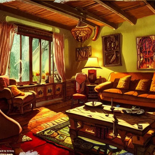 Image similar to the interior of a German living room. The mood is warm and friendly. dungeons and dragons style. highly detailed, digital painting, artstation, concept art, sharp focus, illustration, art by Josh kirby and John romita jr and moebius