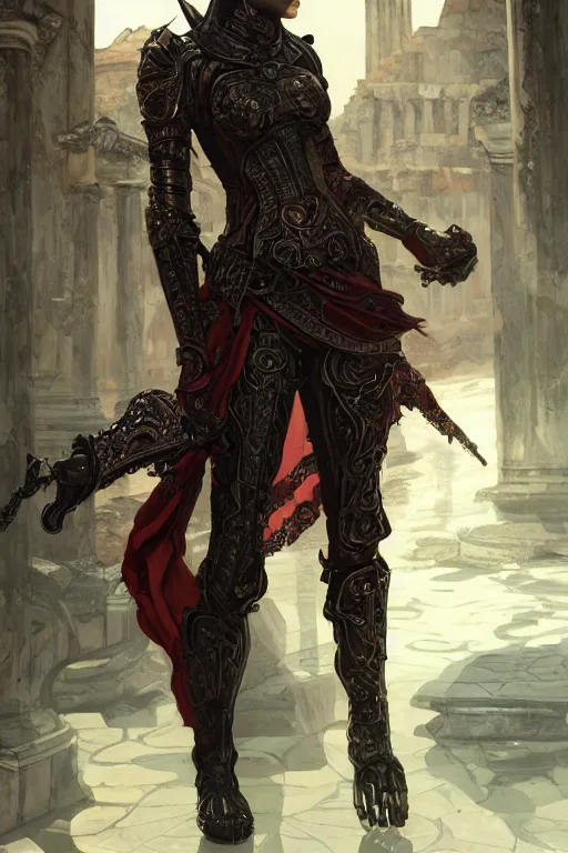 Image similar to portrait knights of Zodiac girl, metallic black and reddish reflected armor, in ruined Agora of Athens, ssci-fi, fantasy, intricate, very very beautiful, elegant, highly detailed, digital painting, artstation, concept art, smooth, sharp focus, illustration, art by tian zi and WLOP and alphonse mucha