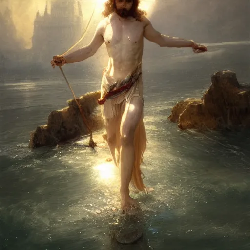 Prompt: a holy saint walking on top of water. photorealism. pseudo realistic. detailed. 4 k masterpiece. cgsociety. by tianhua xu. by gaston bussiere.