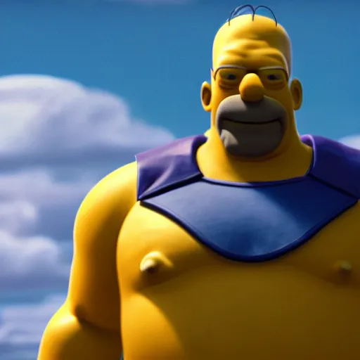 Image similar to CG Homer Simpson as Thanos, cinematic, 4K