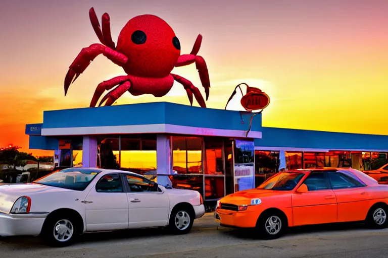 Image similar to giant crab attacking a california drive in, in 2 0 1 2, cutecore, y 2 k, bathed in the the glow of the sunset, low - light photograph, in style of monkeybone