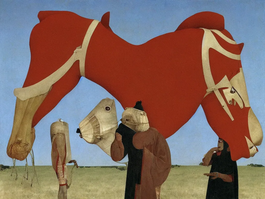 Image similar to Horse with African Guro mask. Giant conch shell. Painting by Alex Colville, Piero della Francesca