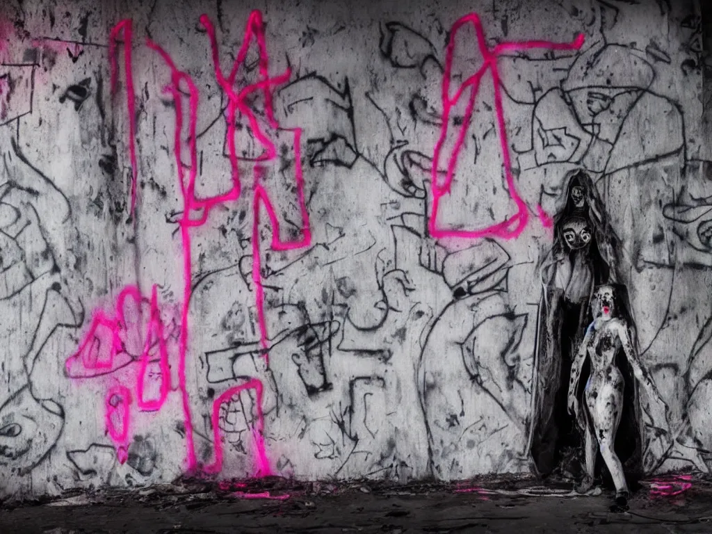 Image similar to ghost wraith apparition caught on camera, graffiti in an abandoned bunker, cute fumo plush gothic black enigmatic maiden girl painted in spilt red ink and washed watercolor, glowing ancient glyphs and summoning circle, neon light, avant garde pop art, filmic, vignette, captured on canon eos r 6