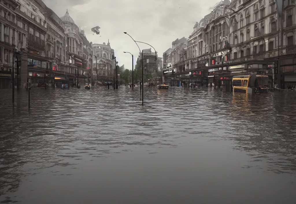 Prompt: kodak portra 4 0 0 photographic and realistic, oxford circus, detailed, octane render, unreal engine, 4 k, artstation, hyper realistic, wide angle, floor flooded, how a river, objects that float, 3 5 mm, sharp focus, soft light, volumetric light fog, in the style of gregory crewdson