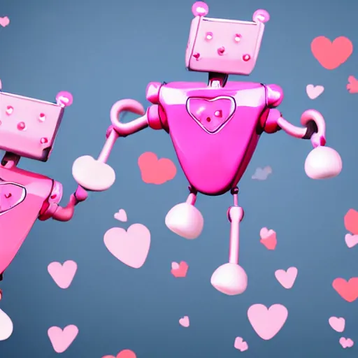 Prompt: tiny cute robots having fun at a party with cute pink hearts and exclamation points floating in the air