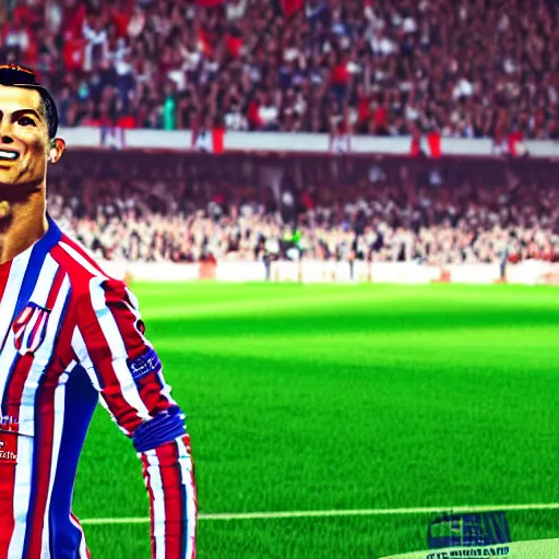 Prompt: cristiano ronaldo celebrating a goal dressed with the atletico de madrid football team shirt, 4 k extremely photorealistic, high contrast colors, hyper detailed!!