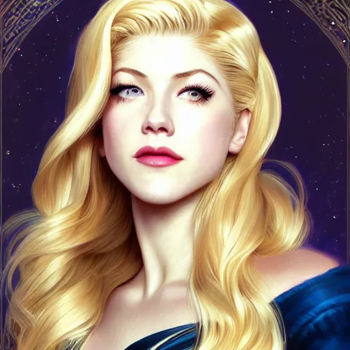 Prompt: A combination of Katheryn Winnick's and Grace Kelly's and Katherine McNamara's faces with blonde hair as Sailor Moon, western, D&D, fantasy, intricate, elegant, highly detailed, digital painting, artstation, concept art, matte, sharp focus, illustration, art by Artgerm and Greg Rutkowski and Alphonse Mucha