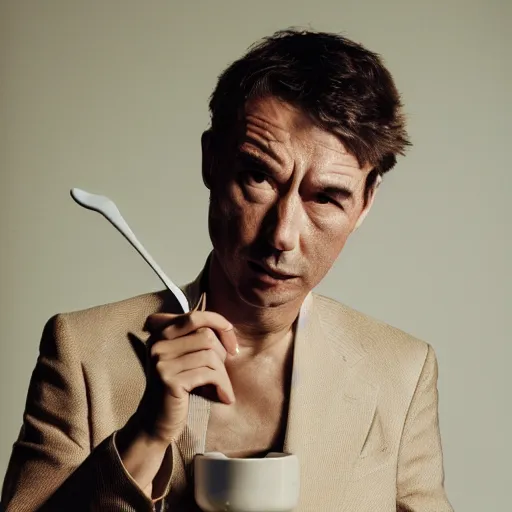 Prompt: Photo of a stern man in a beige peak lapel suit holding up a spoon in his hand in a menacing way, chiaroscuro, medium shot, cinematic promo material