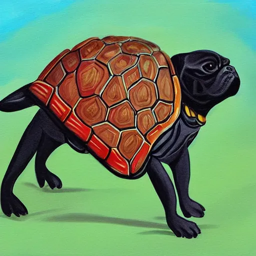 Image similar to a painting of a turtle riding a black pug, colourful, digital art