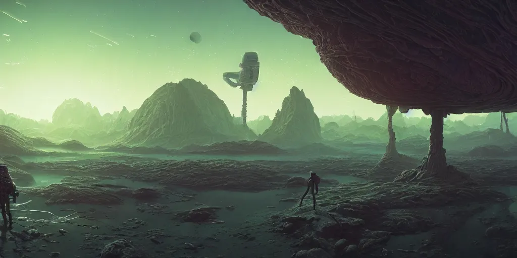 Prompt: an amazing alien landscape, digital art, breathtaking, extremely detailed, digital paintinghyperrealistic, dynamic lighting, particles, unreal engine, simon stålenhag, rendered by Beeple, Makoto Shinkai, syd meade, simon stålenhag, environment concept, trending on artstation, octane render, 4K UHD image