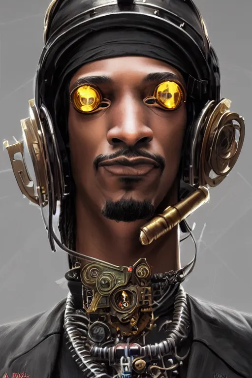 Image similar to 2 0 year old snoop dog as a steampunk cyborg gunslinger, portrait, cyber western, neon, duster, fantasy, intricate, elegant, highly detailed, digital painting, artstation, concept art, sharp focus, illustration, art by artgerm and greg rutkowski and alphonse mucha