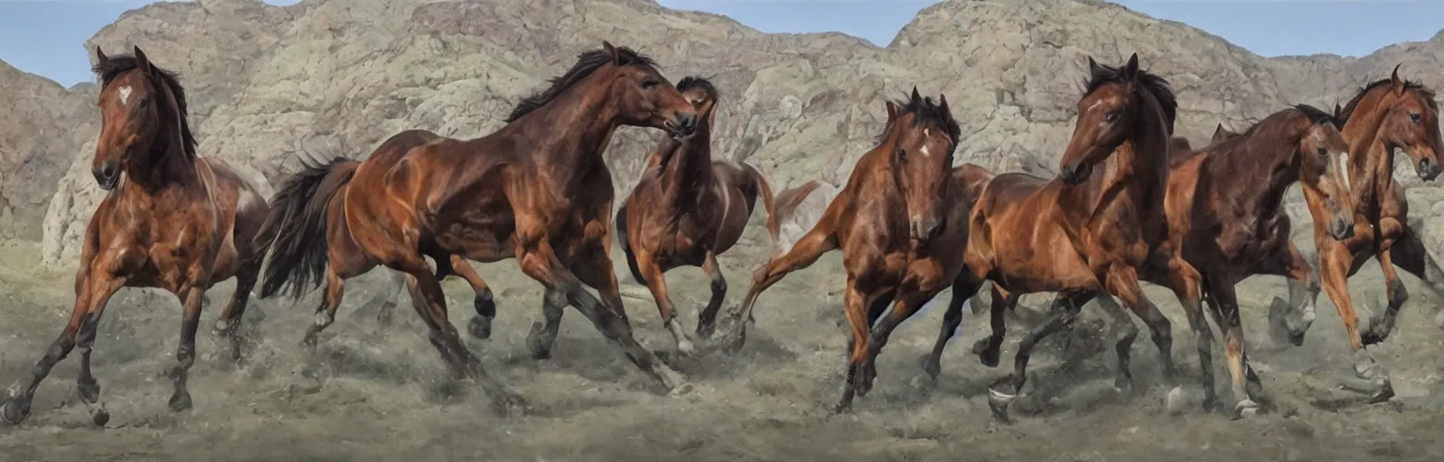 Image similar to lots of horses running through the canyon, hyper realistic, more details, they might be crawling, original oil on canvas painting by sydney mount