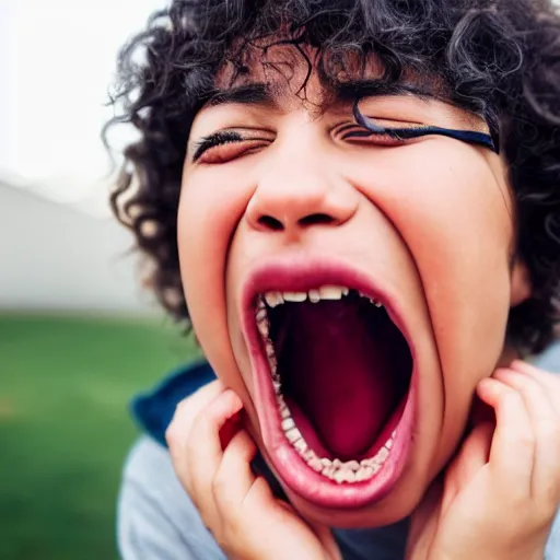 Image similar to a close up shot of a person screaming because a worm got on their face