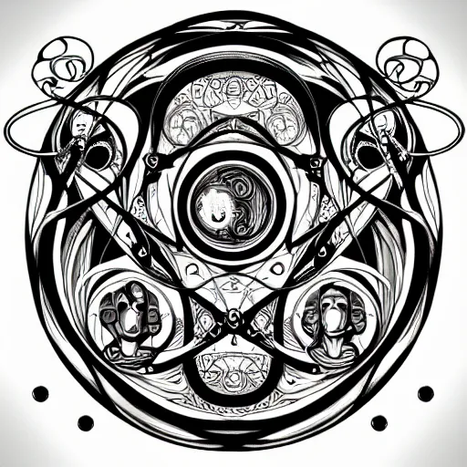 Image similar to a circular vector tattoo design in an art nouveau style, and in the style of h. r. giger.