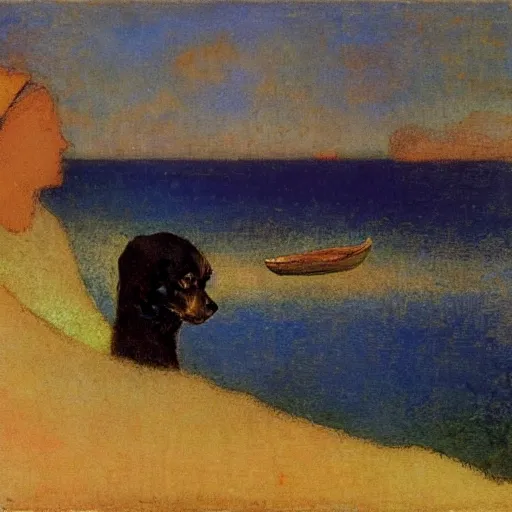 Image similar to a woman and her black and brown chihuahua at the sea with a boat in the distance by odilon redon