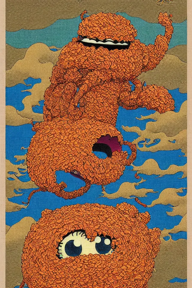 Prompt: an ukiyo - e painting of an intricate cute colorful fluffy dmt desert monster made out of burlap and coconut fiber, googly eyes, in colorful marker pen, by kokaris, naoto hattori, moebius and android jones